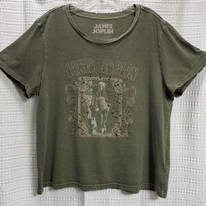 Lucky Brand Janis Joplin Tee Olive Green Distressed w brass stud details SZ XL